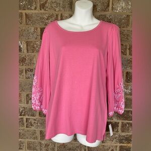 Talbots Womens M NWT Pink White Embroidered Eyelet Trim Tunic Top Retails $69.50